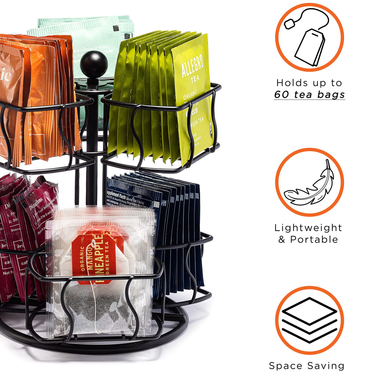 Sorbus Tea Bag Organizer, 2-Tier Spinning Carousel for 60 Tea Bags (Black)