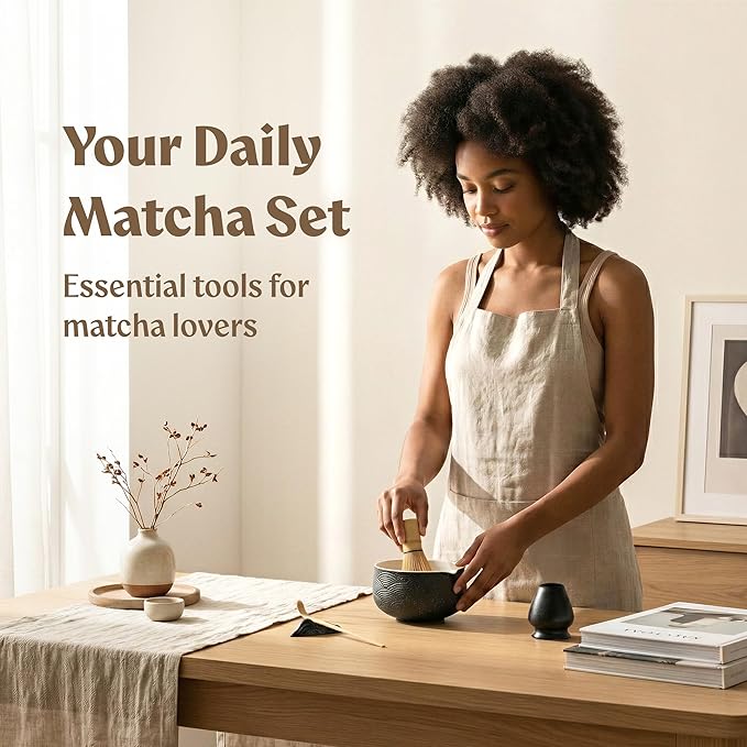 Matcha Kit Whisk Set (7 Pcs) - Complete Matcha Set, Matcha Bowl with with Bowl, Whisk and Holder, Bamboo Spoon/Scoop, Scoop Rester and Sifter incl