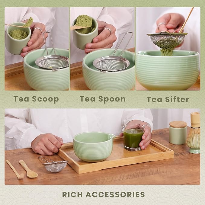 Matcha Whisk and Bowl with Ceramic Matcha Whisk Holder,Matcha Sifter, Matcha Spoon and Scoop Handmade from Natural Bamboo,Matcha Making Kit Cyan