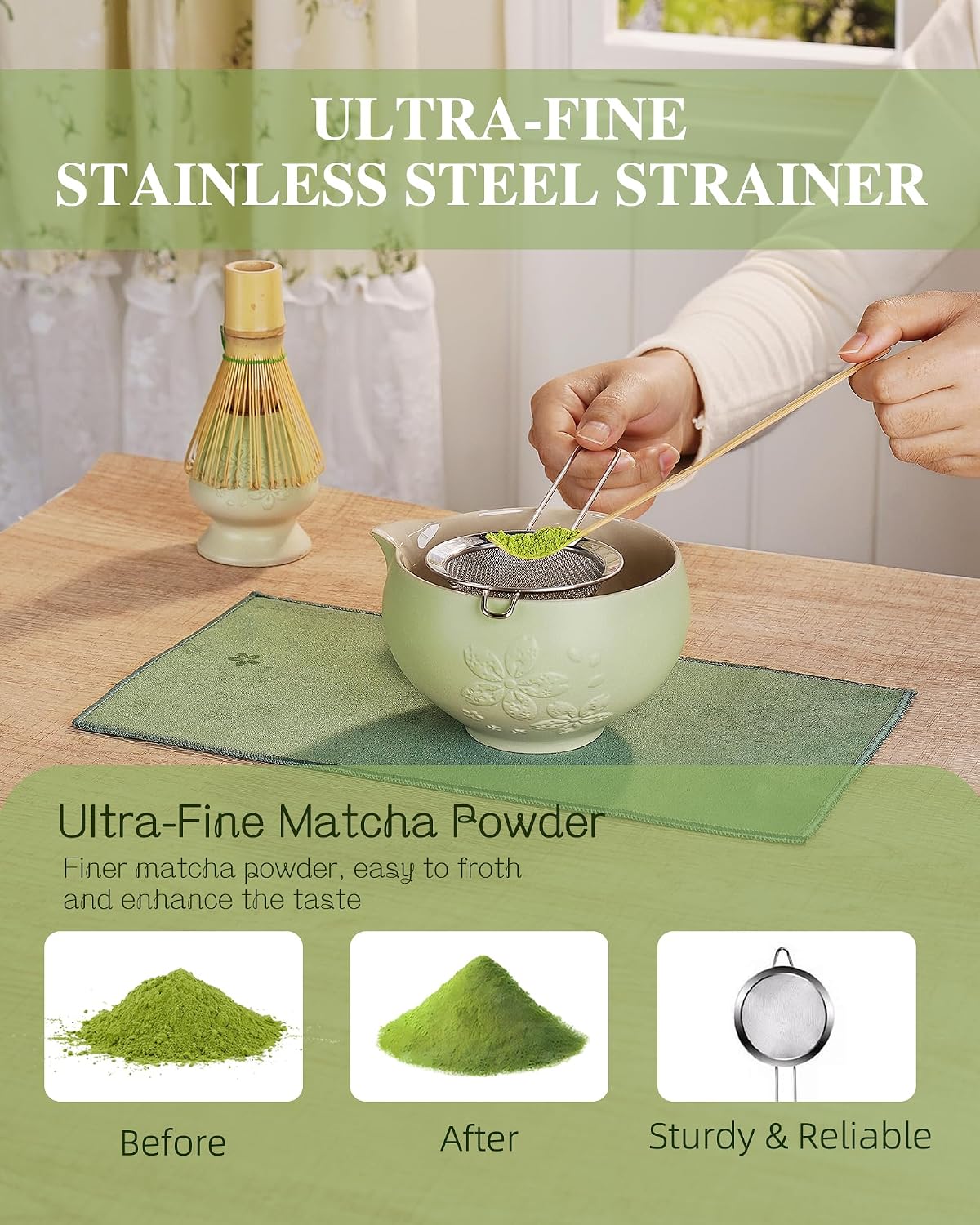 ZENS Premium Matcha Whisk Set, 6pcs Matcha Kit for Matcha Latte, Green | Ceramic Matcha Set Icludes Ceramic Bowl, Bamboo Whisk, Chasen Holder, Scoop, 304 Sifter &amp; Tea Mat, Japanese Tea Ceremony