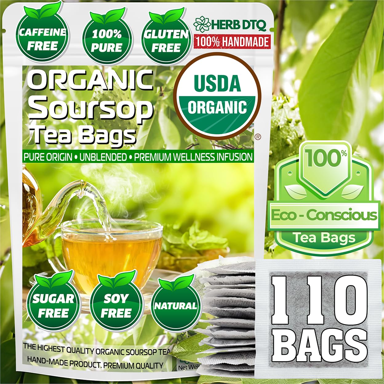 HERB DTQ USDA 100% Organic Soursop Graviola Leaf Tea Bags, Non-GMO, 110 Ct | Eco-Conscious Sachets, Sour Sop, Hojas de Guanabana, Vegan, Caffeine-Free, Sugar-Free, Gluten-Free, Sleep &amp; Digestion Support
