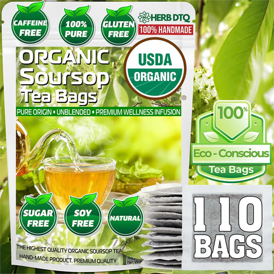 HERB DTQ USDA 100% Organic Soursop Graviola Leaf Tea Bags, Non-GMO, 110 Ct | Eco-Conscious Sachets, Sour Sop, Hojas de Guanabana, Vegan, Caffeine-Free, Sugar-Free, Gluten-Free, Sleep &amp; Digestion Support