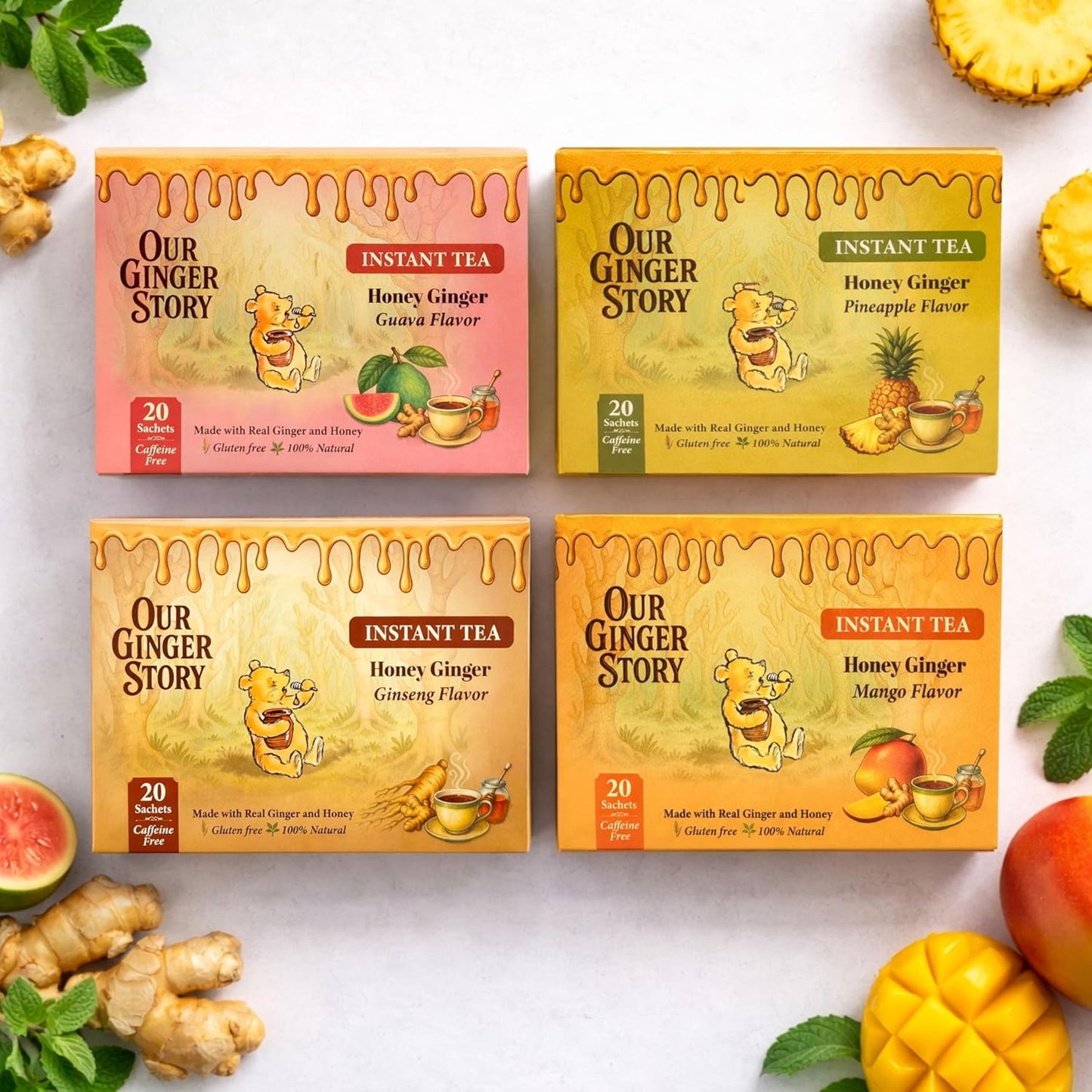 Premium Honey Ginger Instant Tea Crystals, Pineapple Flavor, 20 Sachets, Real Ginger, Real Honey, Pure Cane Sugar, Caffeine Free, Hot Or Cold Single Serve Drink Mix