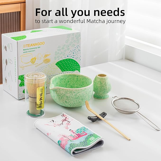 Teanagoo Matcha Whisk Set,7 Pcs Matcha Set Green,Ceremony Matcha Kit,Matcha Tea Set for Making Latte,Ceramic Bowl(chawan) whith Spout and Whisk
