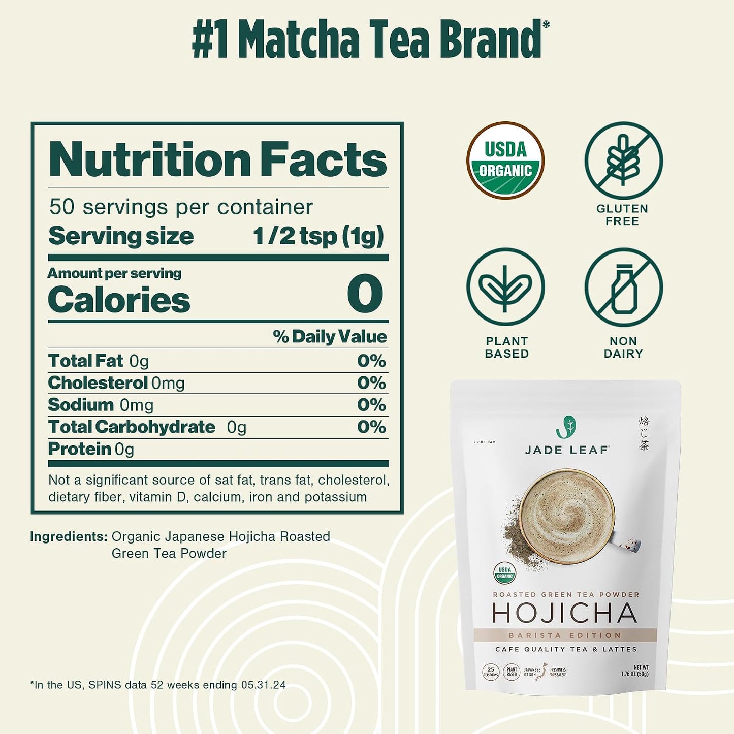 Jade Leaf Hojicha Powder, Roasted Organic Green Tea Powder, 50g / 1.76oz | Japanese Roasted Green Tea Latte Powder - Low Caffeine, Perfect for Evening Lattes - Stone Milled - 100% Product of Uji