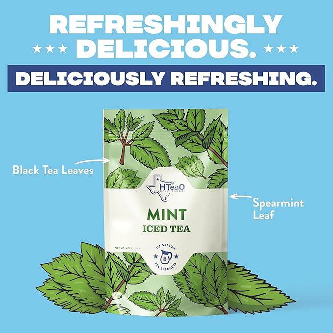HTeaO Mint Black Iced Tea Bags – Makes 8 Gallons in 5 Minutes – Large Loaded Tea Sachets for Parties, Family Gatherings, & Groups – Texas-Style Ice Tea Packets for Quick Brew (16-Count)