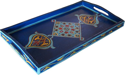 Handmade Moroccan Wood Tray Serving Painted Decorative with Handle for Tea Coffee Breakfast in Bed
