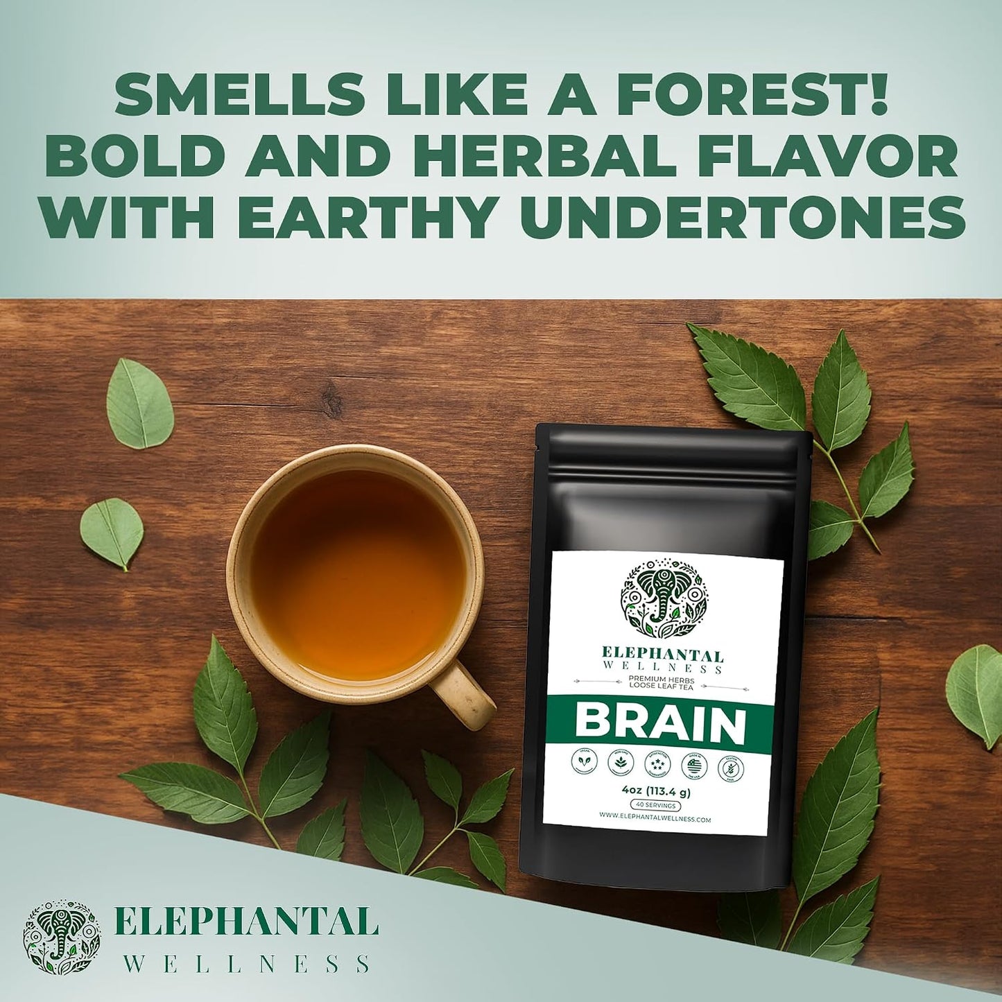Elephantal Wellness Premium Brain Herbal Tea | Botanical Blend with Ginkgo, Bacopa, Ashwagandha &amp; Gotu Kola | Handmade, Caffeine-Free, Non-GMO Loose Leaf Herbal Tea, 4oz Loose Leaf, 40 Servings
