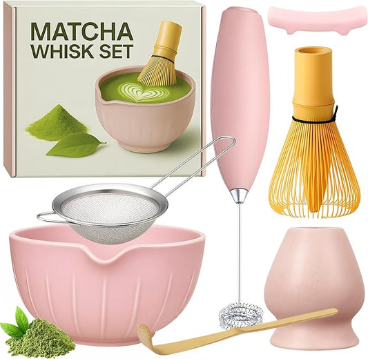 Matcha Whisk Set with Matcha Bowl - Matcha Set Included Electric Frother, Bamboo Whisk, Matcha Spoon, Bamboo Holder, Sifter, Spoon Stand (Simple Pink)