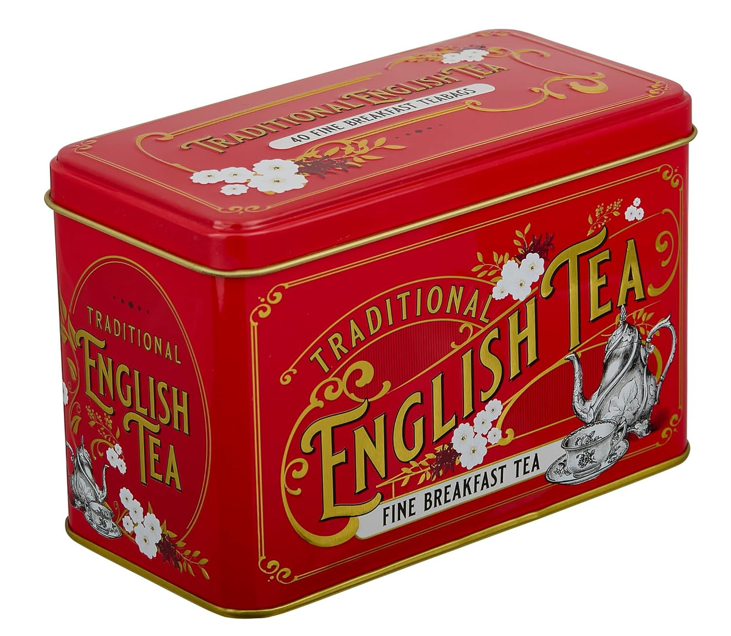 New English Teas Vintage Victorian Tea Tin in Berry-Red with 40 English Breakfast Teabags