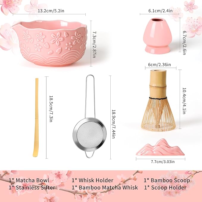 Matcha Whisk Set - 6Pcs Matcha kit matcha set Includes Ceramic Matcha Bowl Bamboo Matcha Whisk+ Holder, Bamboo Scoop& Scoop Holder, and Stainless Steel Sifter matcha set kit for Matcha Lovers (Pink)