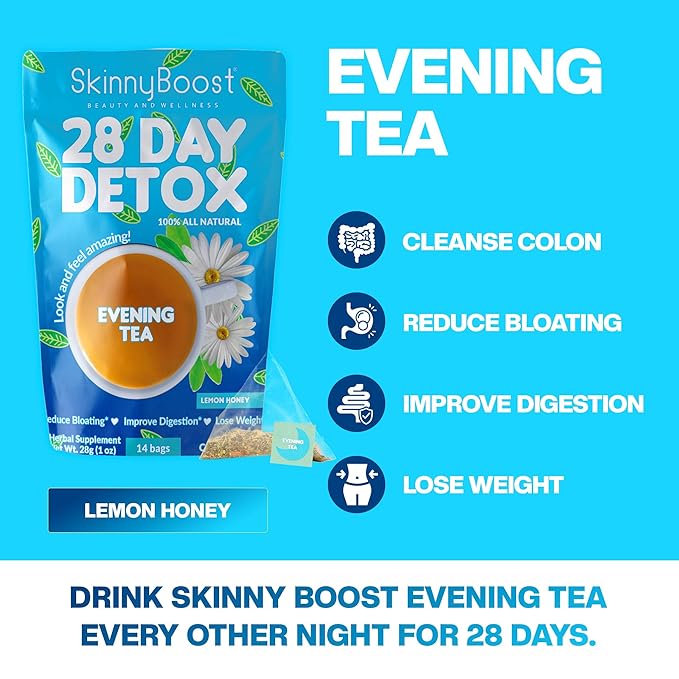Skinny Boost Detox Tea Kit – 4 PACK - 2 Daytime Teas (56 Bags) 2- Evening Teas (28 Bags) – Herbal Detox for Weight, Metabolism, Energy, Bloating & Colon Cleanse – Green Tea, Vegan, Keto, Non-GMO, Sugar-Free