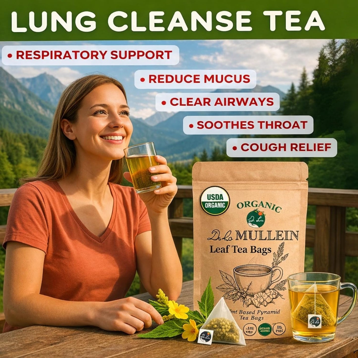 Dr. Lu’s Organic Mullein Leaf Tea | High-Altitude Grown in the Rocky Mountains | Pure Botanical Respiratory Support | 30 x 3g Premium Fill Corn Fiber Pyramid Bags (No Plastic, No Nylon)