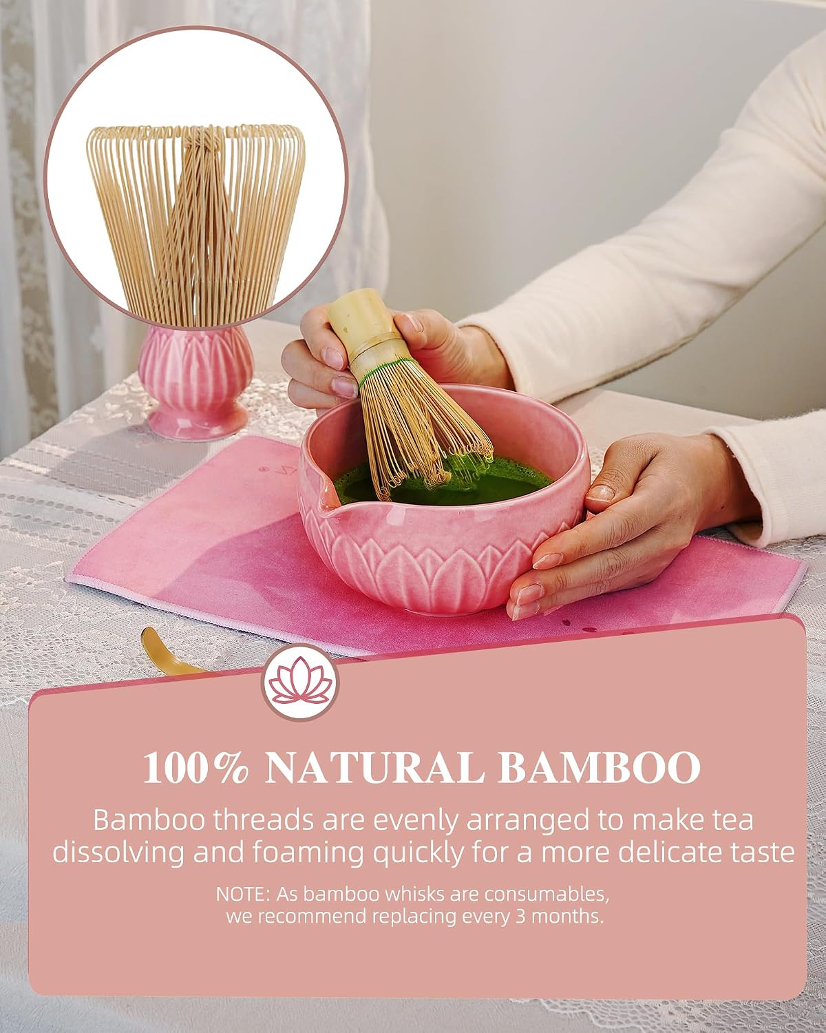 ZENS Premium Matcha Whisk Set, 6pcs Cearmic Matcha Kit &amp; Tools, Pink | Matcha Set Whisk and Bowl, Bamboo Whisk, Chasen Holder, Scoop, 304 Sifter &amp; Tea Mat Kit for Japanese Tea Ceremony