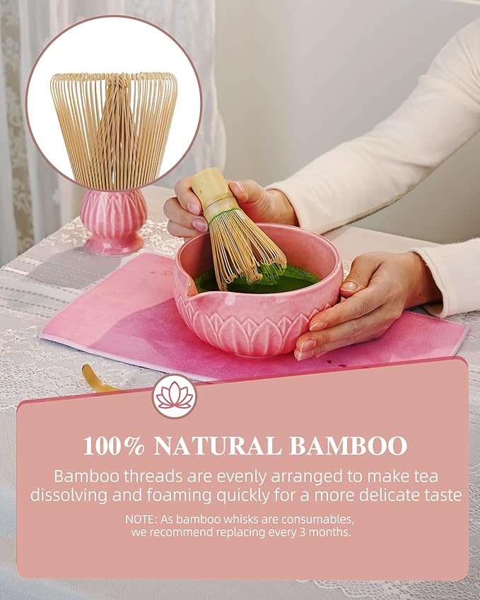 Zens Pink Matcha Kit, 6pcs Matcha Whisk Set Includes 15oz Pink Bowl, Chasen Holder, Bamboo Whisk & Scoop, 304 Sifter & Tea Mat
