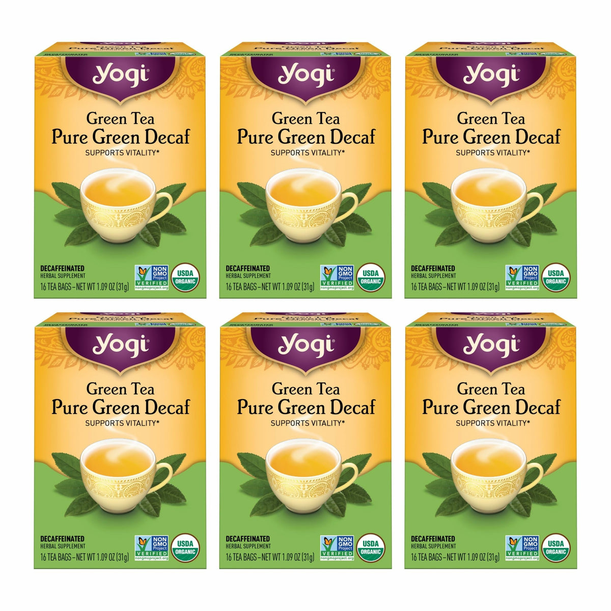 YOGI TEA Yogi Green Tea Pure Green Decaf, 16 Tea Bags (6 Pack)