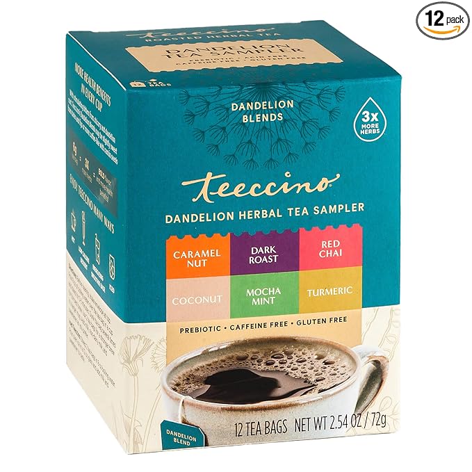 Teeccino Dandelion Tea Sampler - Caramel Nut, Coconut, Dark Roast, Mocha Mint, Red Chai, Turmeric - Roasted Herbal Tea