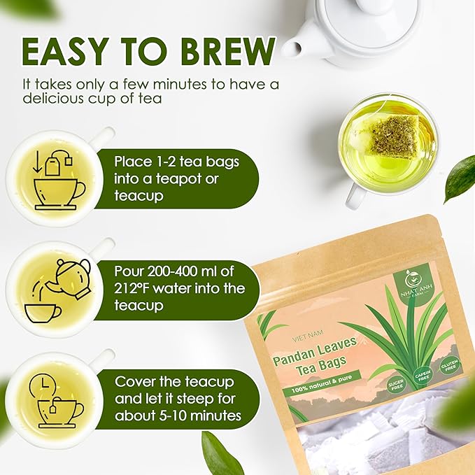 Nhat ANH Farm - Premium Pandan Leaves Tea Bags, 40 Pandan Leaves Tea Bags, 100% Natural Dried Pandan Leaves, Naturally Sweet Herbal Tea, Sugar-Free