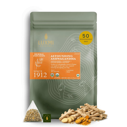 Luxmi Estates Ashwagandha Turmeric | Organic Adaptogen Tea | Stress Relief &amp; Immunity Support | 50 Biodegradable Tea Bags | 100g/3.52oz