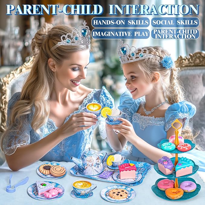 Frozen Tea Party Set for Little Girls, Princess Gift Toy, Kids Pretend Play Tin Tea Set with Teapot, Tea Cups, Food Playset & Carrying Case