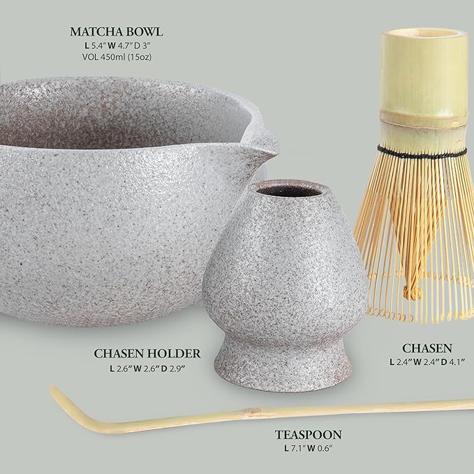 Stone-Texture Gray Matcha Whisk Set with Pouring Spout – Japanese Matcha Kit with Handcrafted Ceramic Bowl, Bamboo Whisk, Scoop