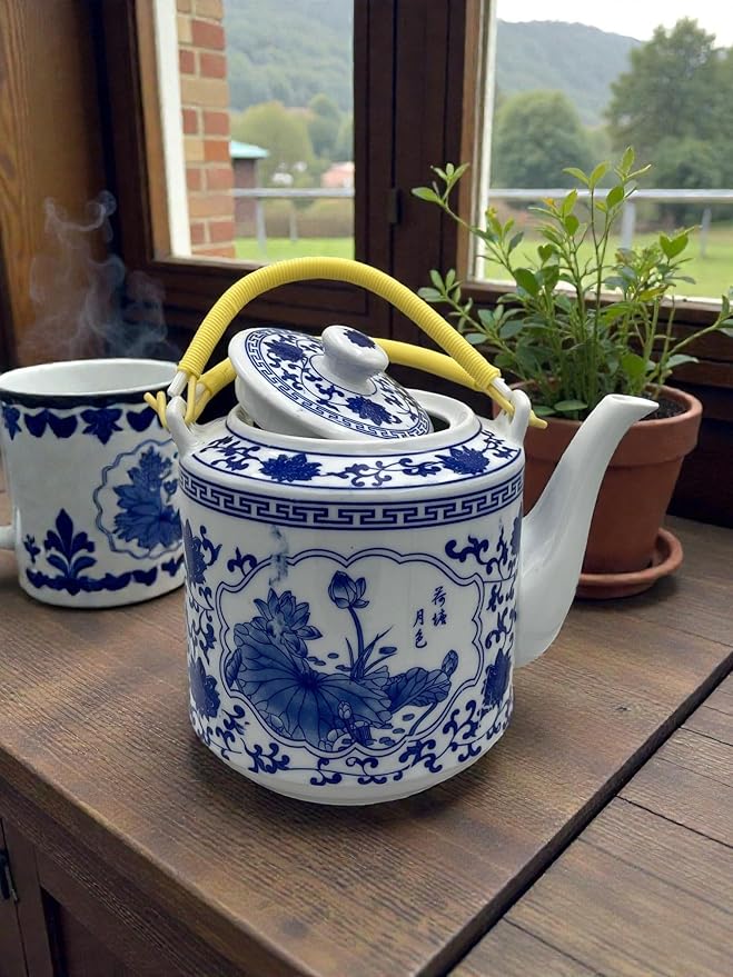 Large Teapot Blue and White Tea Pot Porcelain 66 OZ Floral (lotus)