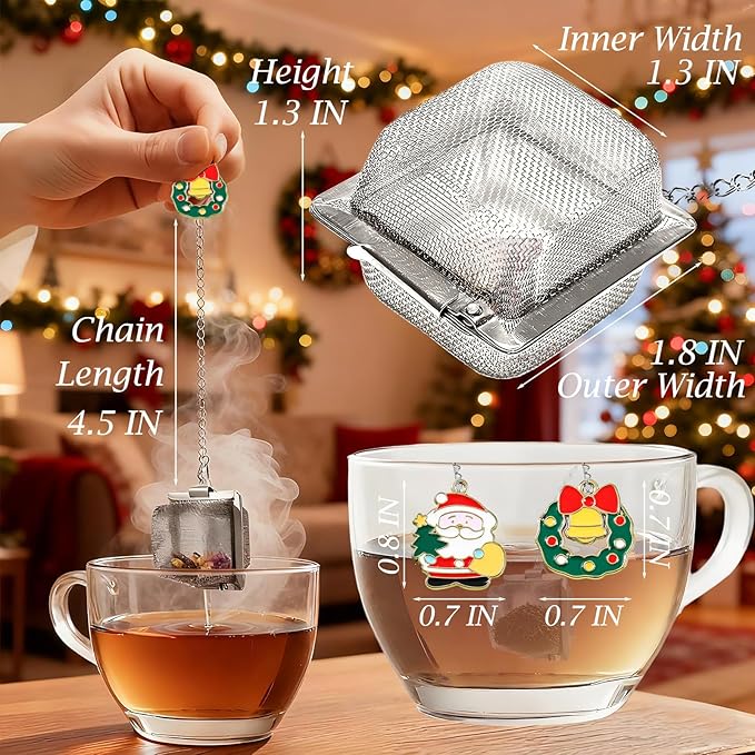 Christmas Tea Ball Set, Stainless Steel Mesh Tea Infuser, Reusable Strainers for Loose Leaf Tea, 2 PCS Tea Steeper with Xmas Wreath and Santa Claus Pendant