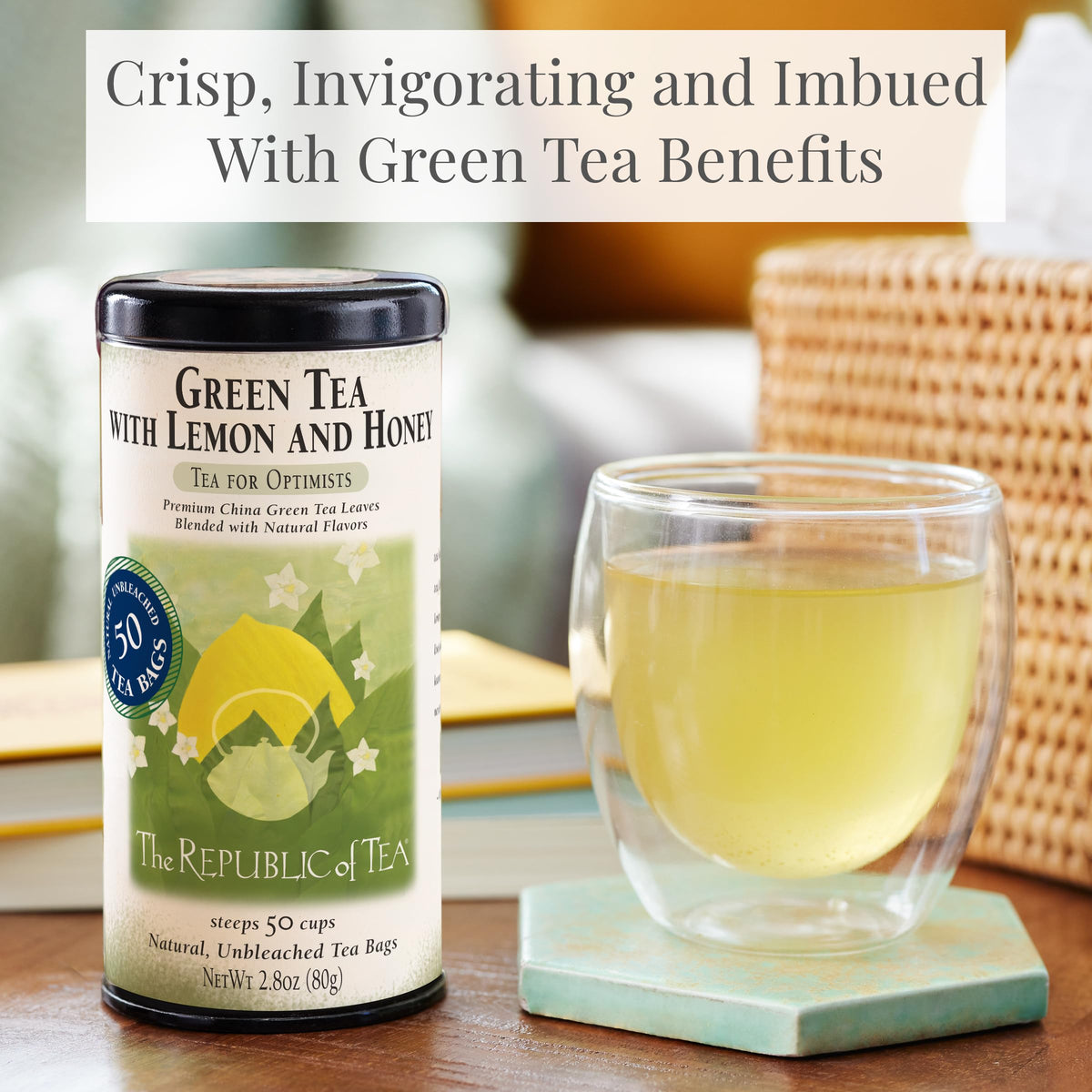 The Republic of Tea Lemon and Honey Green Tea, Low Caffeine, 50 Count