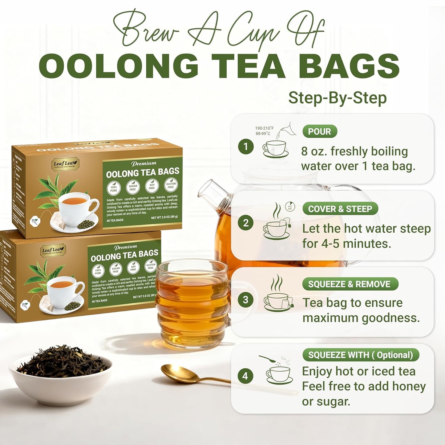 LeafLea 40 Oolong Tea Bags, 100% Oolong Tea Leaves, Smooth Warm Aroma with Light Toasted Notes, Te Oolong for Daily Wellness Focus, Natural Caffeine, Sugar-Free, Individually Wrapped Freshness