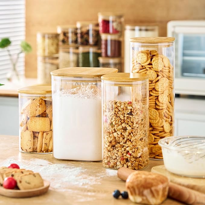 27oz - 4 Pack Square Glass Jars with Bamboo Lids, Glass Food Storage Containers with Airtight Lids for Kitchen