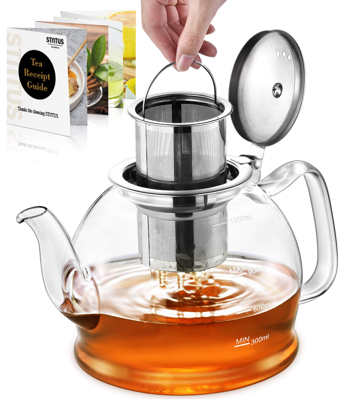 STNTUS INNOVATIONS STNTUS Glass Teapot, 40 oz. / 1200 ml for Loose Tea, With Infuser and Stainless Steel Strainer, Stovetop