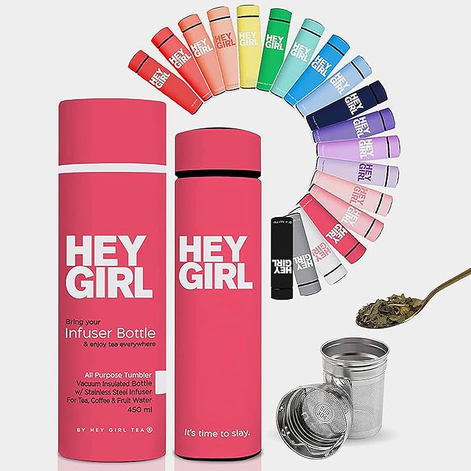Hey Girl Tea Infuser Bottle 450ml - Insulated Stainless Steel Water Bottle - Tea Tumbler with Tea Diffuser
