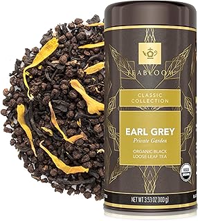 Teabloom Organic Black Tea, Earl Grey Private Garden Loose Leaf Tea, Classic Assam Whole Leaf Blend, USDA Certified Organic, Kosher Certified, 3.53 Ounce Loose Leaf Tea Canister Makes 35-50 Cups