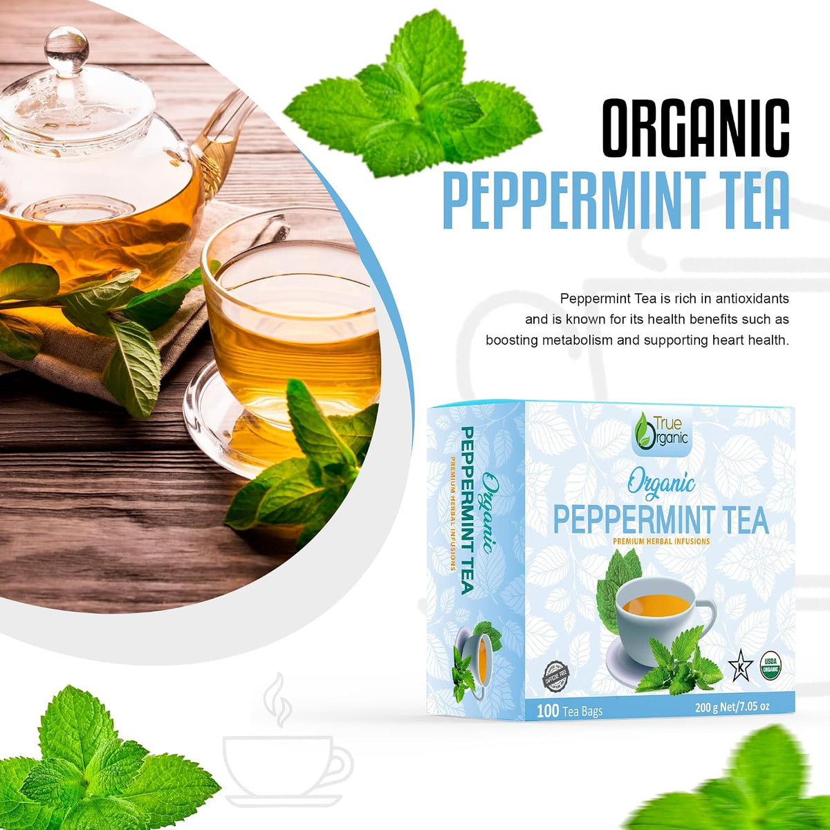 True Organic Premium Peppermint Tea |100 Count Tea Bags | USDA Organic &amp; Kosher Certified |100 Envelop Organic Peppermint Tea Bags for Your Home &amp; Cafe.