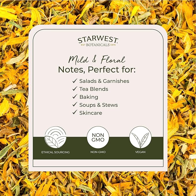 Starwest Botanicals Organic Calendula Flowers Whole, 1 Pound Bulk Resealable Bag Herbal Tea (Calendula Officinalis)