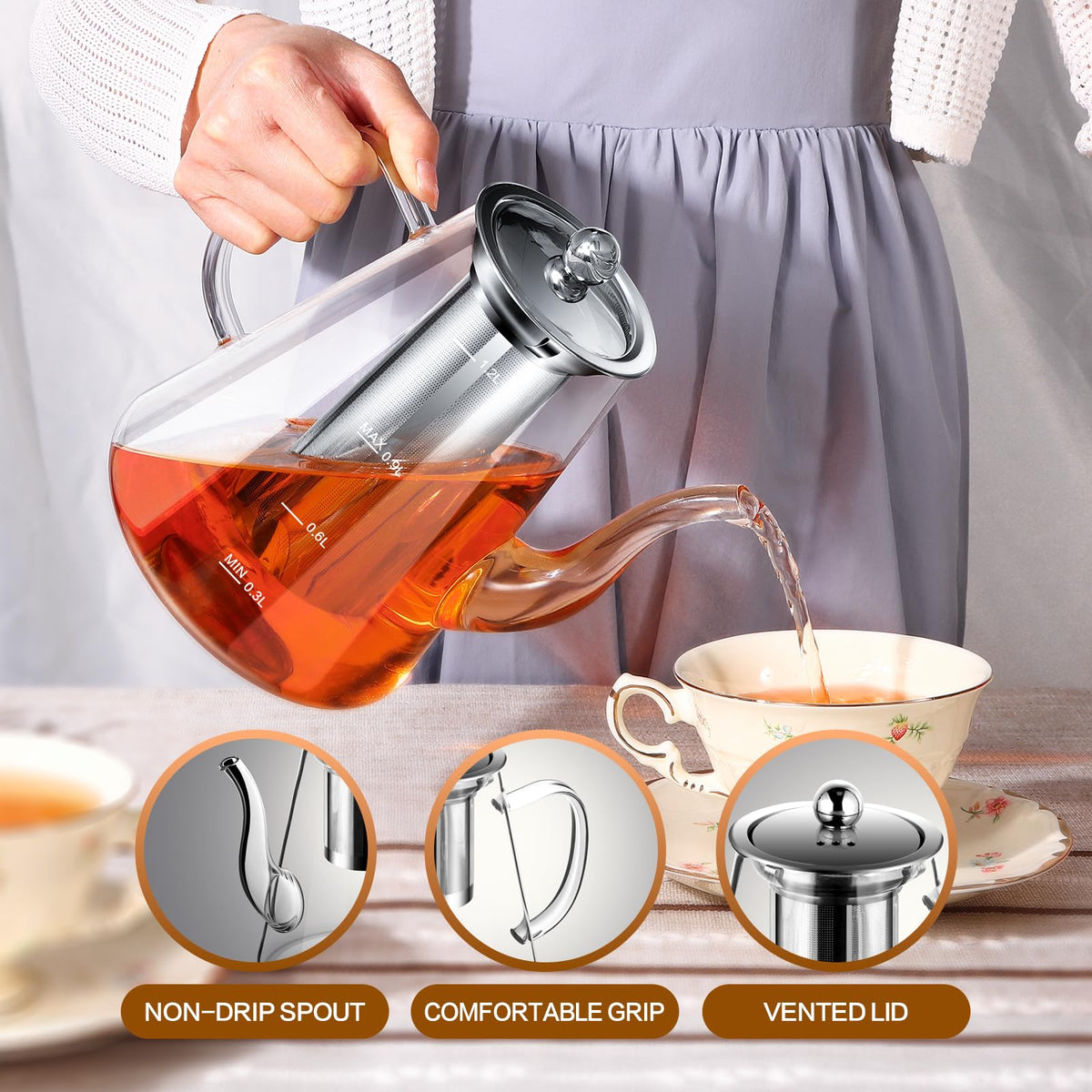 Zpose Glass Teapot, 1200ml (40oz) Tea Pot with Infuser for Loose Tea and Blooming Tea, Stovetop Safe Tea Kettle, Hand Crafted