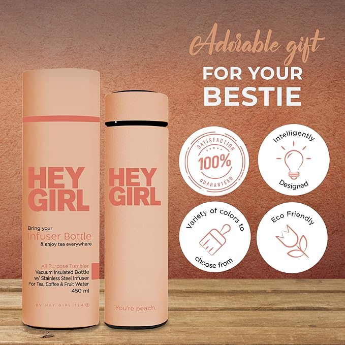 Hey Girl Tea Infuser Bottle 450ml - Insulated Stainless Steel Water Bottle - Tea Tumbler with Tea Diffuser