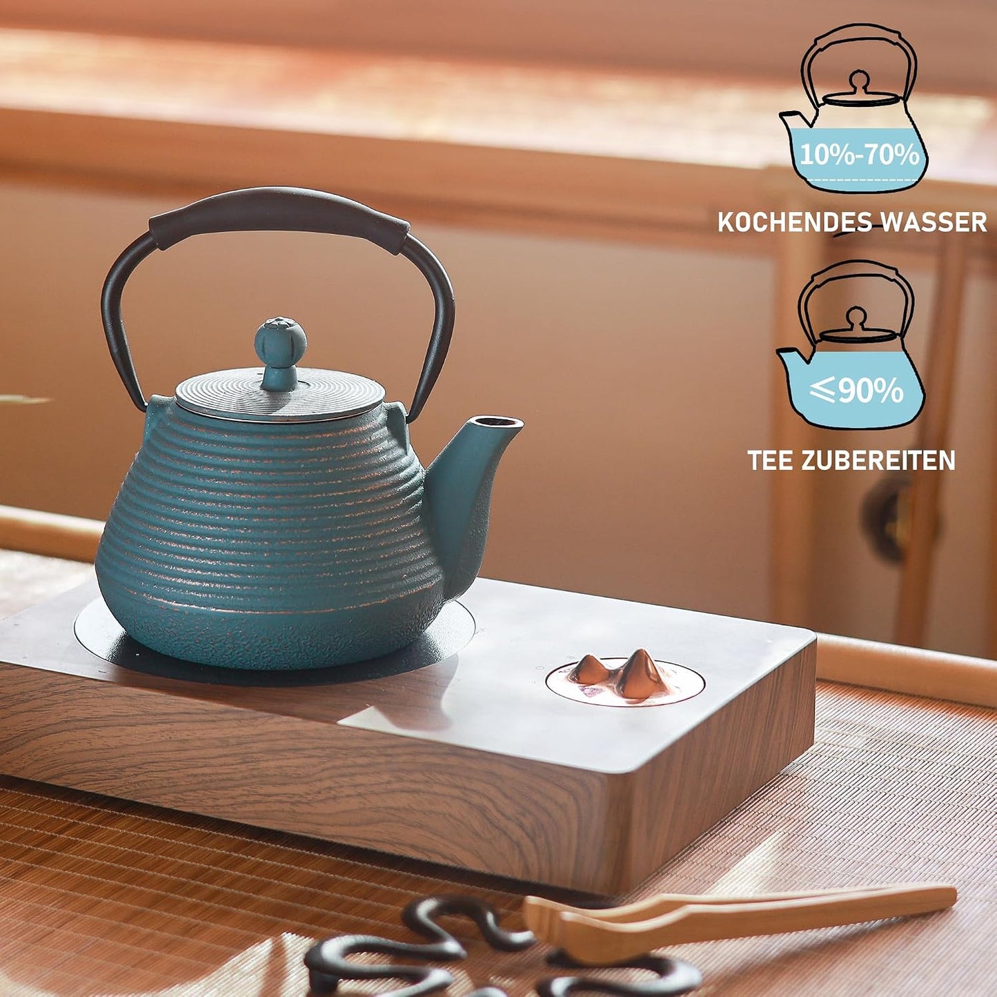 Cast Iron Teapot, 33oz Tea Kettle Stovetop Safe with Infuser for Tea &amp; Coffee, Hand made Japanese Tea Pot Coated with Enameled Interior, Silicone Handle, 950ml Blue