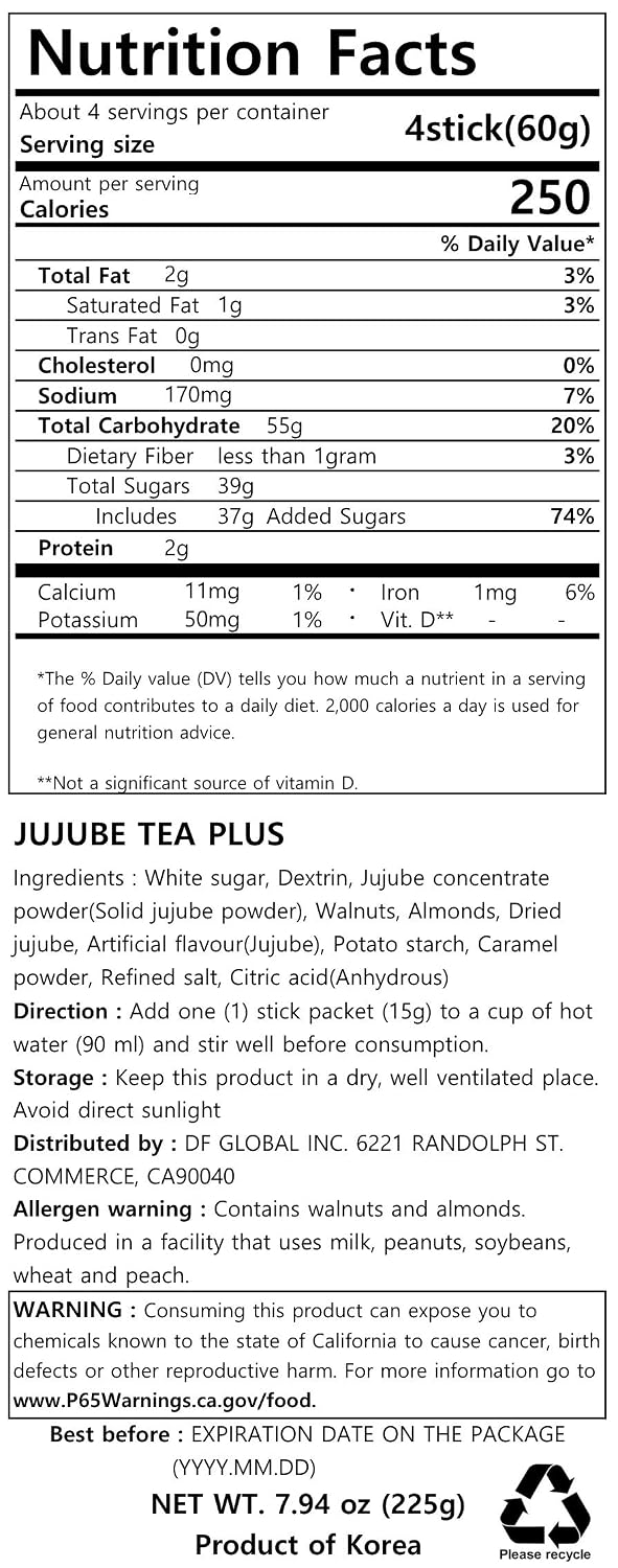 Damtuh Jujube (Red Date) Tea, Korean herbal Powder Mix, 15 Count