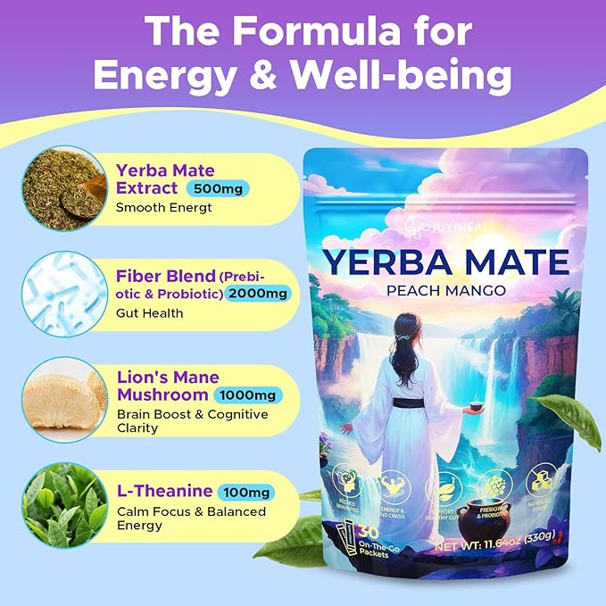 JUYIHEAL 30 Sticks Yerba Mate Powder, Super Yerba Mate Instant Tea Powder Single Serve Sticks with Lions'mane, L-Theanine, Prebiotics, Probiotics for Energy, Focus & Gut Health, Sugar-Free, Peach Mango