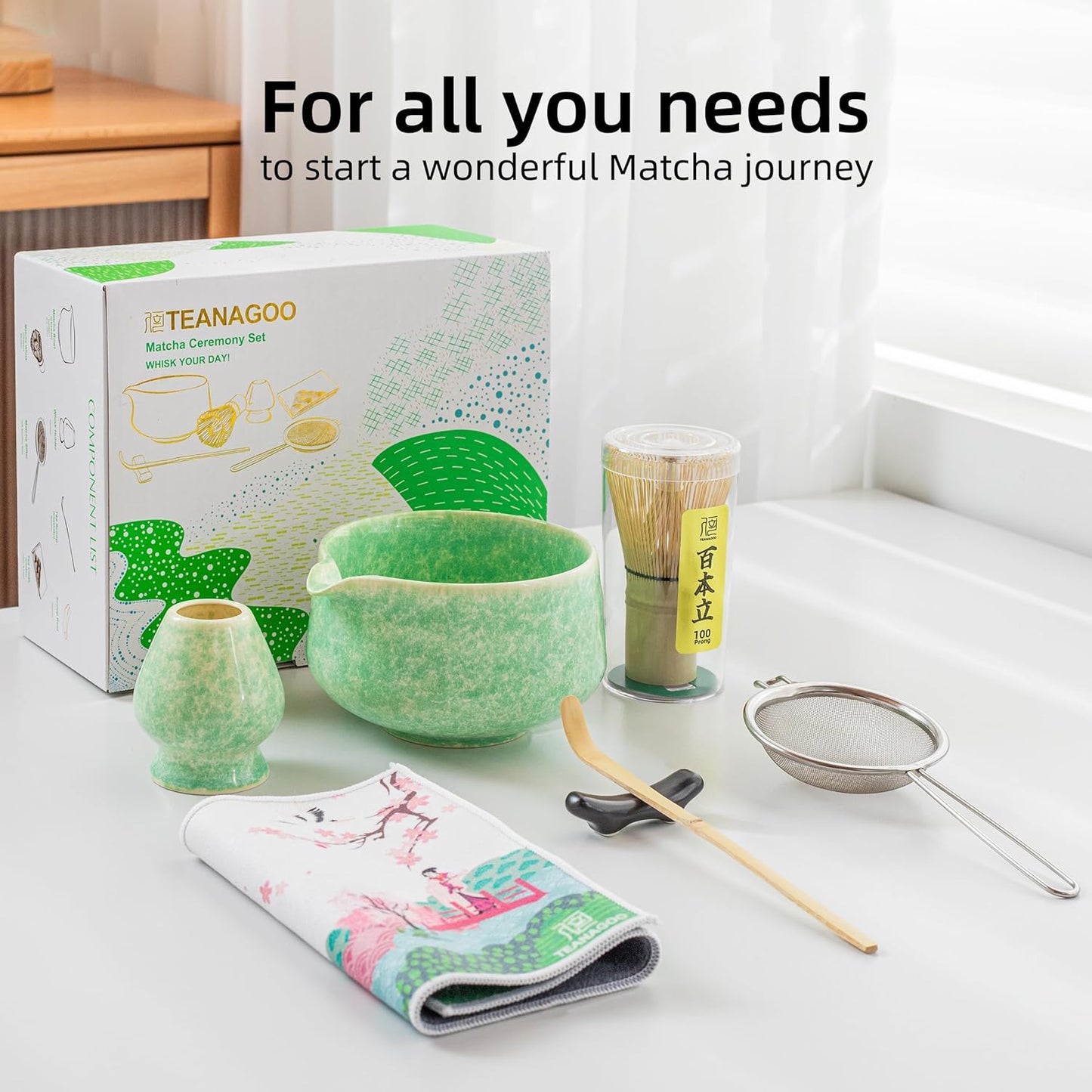 TEANAGOO Matcha Whisk Set,7 Pcs Matcha Set Green,Ceremony Matcha Kit,Matcha Tea Set for Making Latte,Ceramic Bowl(chawan) whith Spout and Whisk,Gift for Matcha Lovers