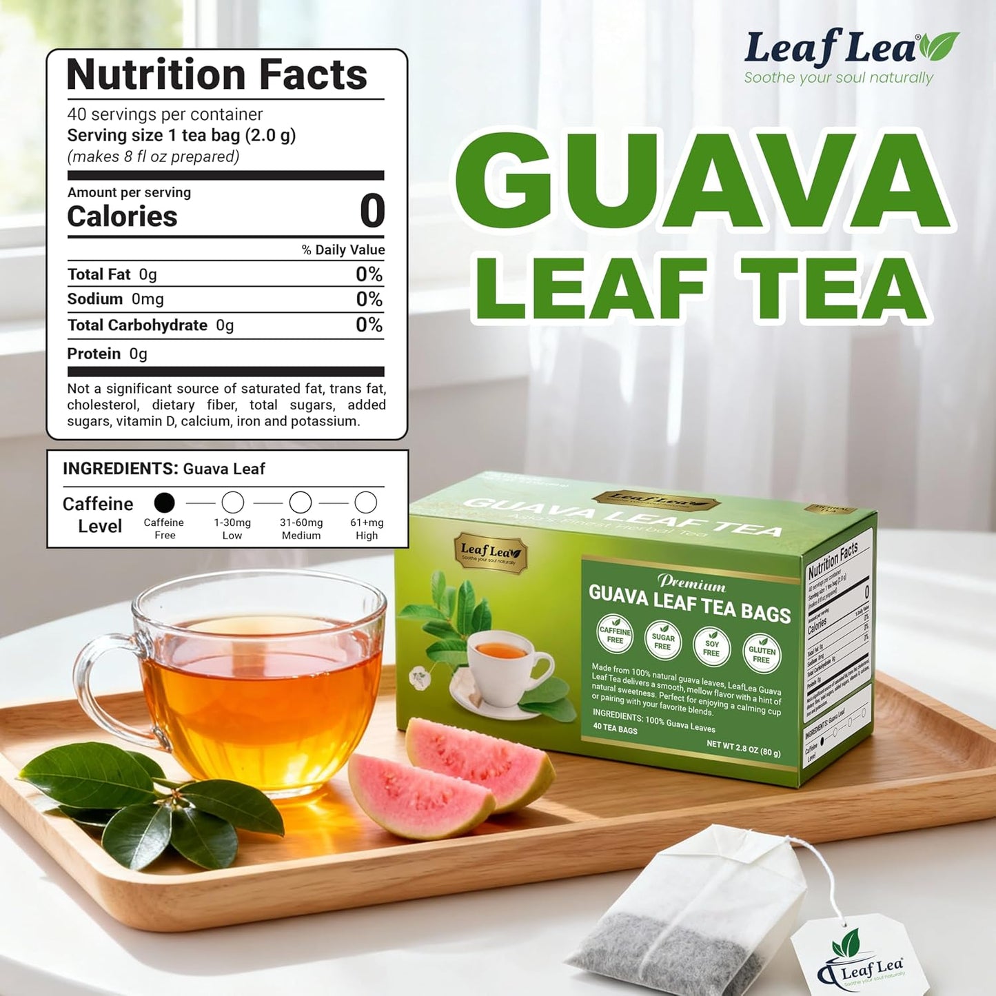 LeafLea Guava Leaf Tea Bags, Guava Leaves Tea, Caffeine-Free, 120 Count