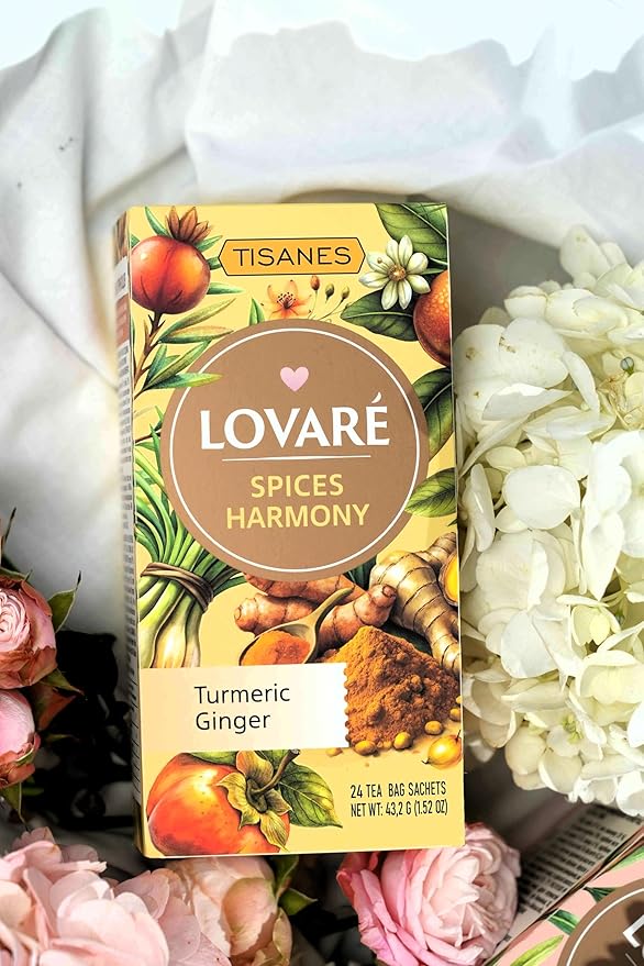 Lovare Spices Harmony Herbal Tea, Caffeine-Free Fruit & Spice Infusion, Turmeric, ginger, 24 Individually Wrapped Bags (1.8 g each)