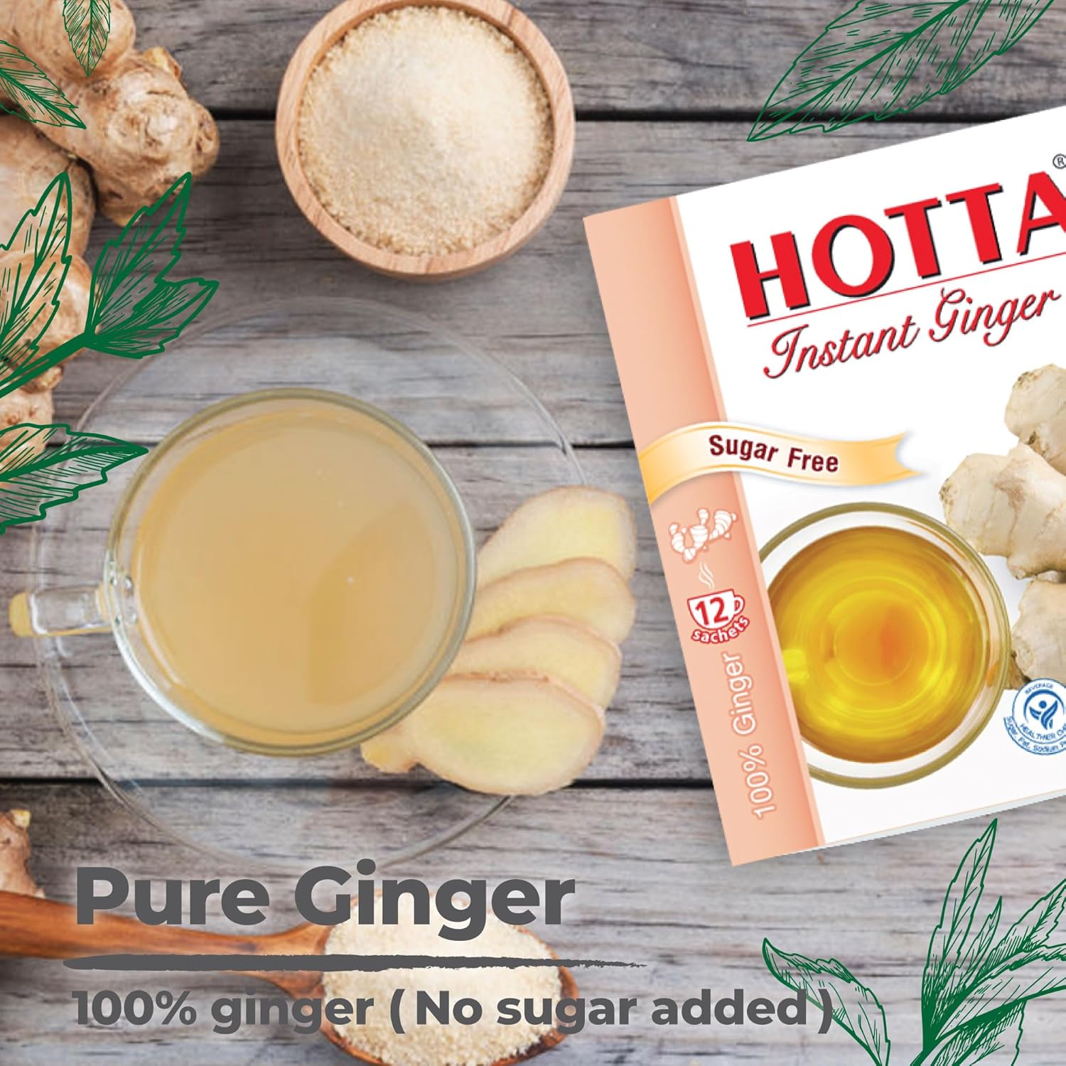 HOTTA Instant 100% Ginger Drink Powder, No Sugar, Bold & Spicy, Caffeine-Free Herbal Tea, Easy to Brew, Enjoy Hot or Cold, Real Thai Ginger, 12 Sachets