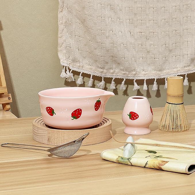 Koythin 7-Piece Ceramic Matcha Whisk Set, Adorable Strawberry Bowls Set with Whisk Holder Scoop Towel, Aesthetic Matcha Bowl Set for Ceremony (Pink)