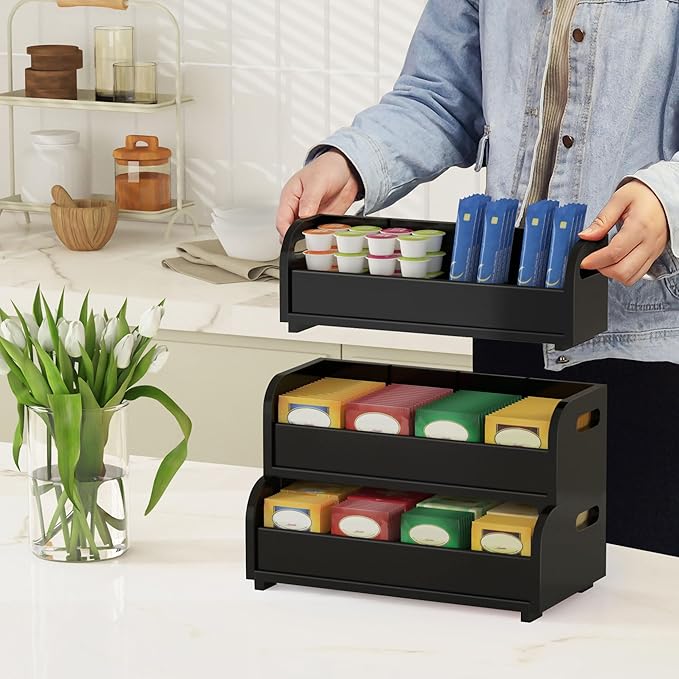 Wisuce Tea Holder for Tea Bags Organizer - Black Bamboo Tea Organizer for Tea Bags 3-Tier Stackable Wall Mount Large Capacity Tea Storage Box to Pantry Countertop Kitchen Office