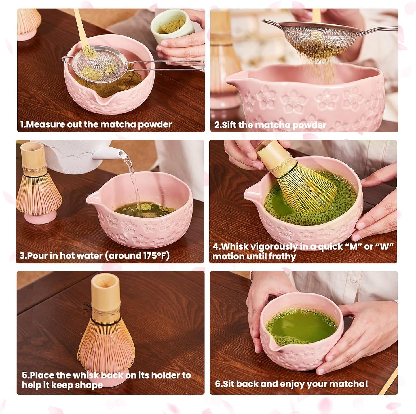 Matcha Whisk Set, Sakura Cyan Ceramic Matcha Set Includes Matcha Bowl, Matcha Whisk (Chasen) and Holder, Sifter, Bamboo Scoop &amp; Spoon - 6 Pcs Matcha Kit for Matcha Lovers