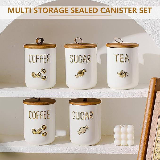 Comeon Ceramic Canister Set with Airtight Seal Bamboo Lid Silicone, 27oz Food Storage Jars for Coffee Sugar Tea, Container Set for Kitchen Pantry Counter Decor (Tea)