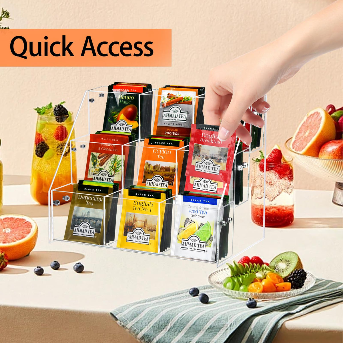 Wuudy Tea Bag Organizer, Acrylic Tea Holder Storage Rack, Assembly Required