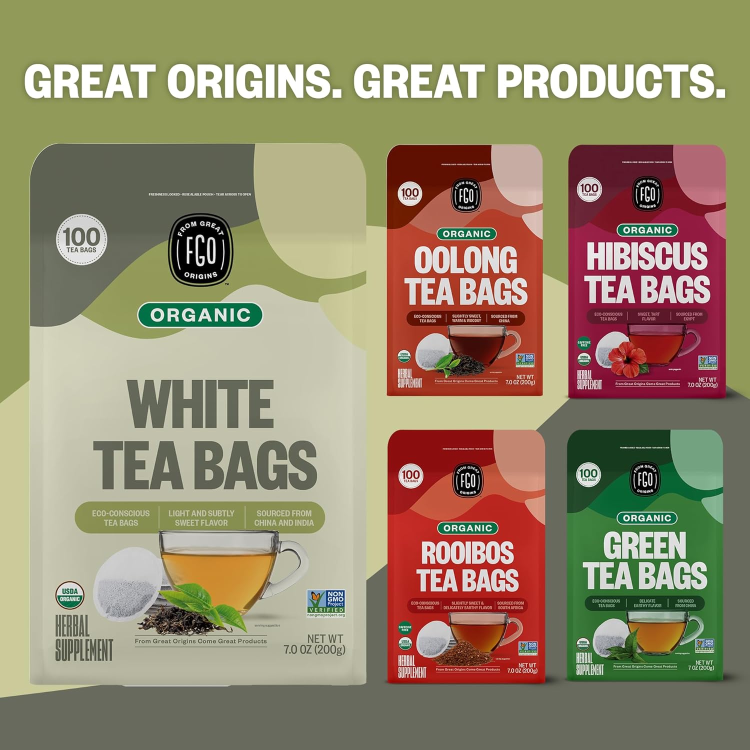 FGO Organic White Tea, 100 Count, Eco-Conscious Tea Bags, Resealable Bag, Packaging May Vary(Pack of 1)